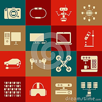 Set Server, Data, Web Hosting, Coffee machine, Test tube flask on fire, Robot, Smart Tv, Computer monitor, Mirrorless Vector Illustration