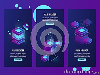 Set of server room and digital technology banners, server room, database and data center icons, cloud storage Vector Illustration