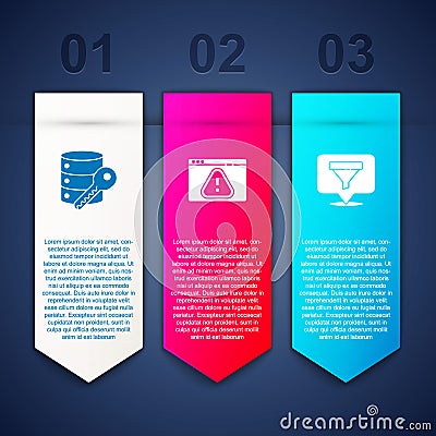 Set Server security with key, Browser exclamation mark and Location sales funnel. Business infographic template. Vector Stock Photo