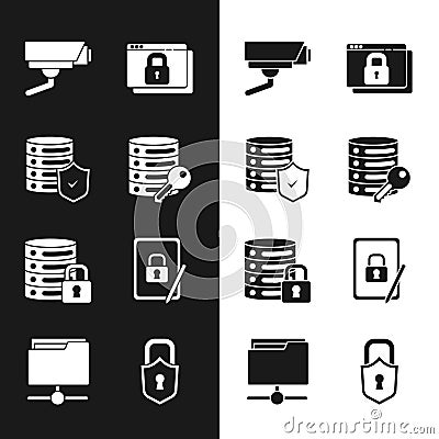 Set Server security with key, shield, Security camera, Secure your site HTTPS, SSL, lock, Tablet closed padlock, Lock Vector Illustration