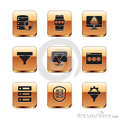 Set Server with shield, Server, Data, Web Hosting, Location sales funnel, Sales, Monitor exclamation mark, gear and Vector Illustration