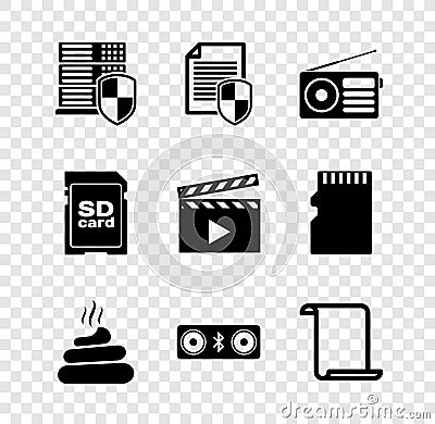 Set Server with shield, Document protection, Radio, Shit, Bluetooth speakers and Paper scroll icon. Vector Vector Illustration