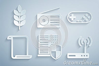 Set Server with shield, Gamepad, Paper scroll, Router and wi-fi, Radio and Wheat icon. Vector Vector Illustration