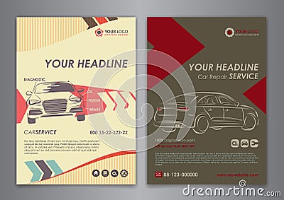 Set A5, A4 service car business layout templates. Auto repair Brochure templates, automobile magazine cover. Vector Illustration