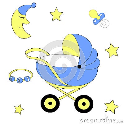 set set of blue stroller for boy on walk, moon in hat, blue nipple and stars. Baby items for newborn Vector Illustration