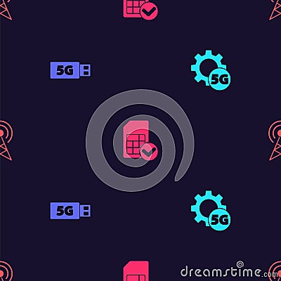 Set Setting 5G network, modem, Sim card and Antenna on seamless pattern. Vector Vector Illustration