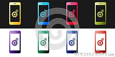 Set Setting on smartphone screen icon isolated on black and white background. Mobile and gear. Adjusting app, set Vector Illustration