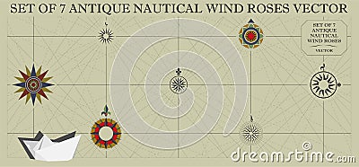 Set of Seven Antique Nautical Wind Roses Vector Illustration