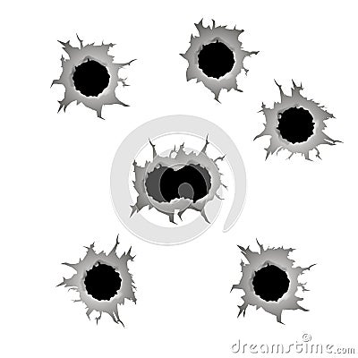 Set of seven bullet holes. Vector Illustration