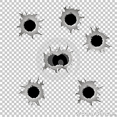 Set of seven bullet holes. Vector Illustration