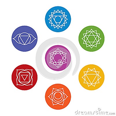 Set of seven chakra symbols. Yoga, meditation Vector Illustration