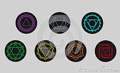 Set of seven chakras icons. Symbols of energy centers. Yoga Cartoon Illustration