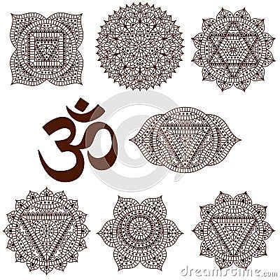 Set of seven chakras. Oriental ornaments for henna tattoo and for your design. Buddhism decorative elements Vector Illustration