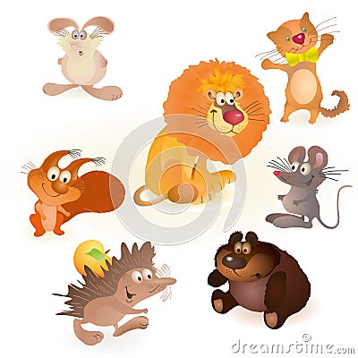 Set of seven funny animals - mouse, rabbit, bear, Vector Illustration