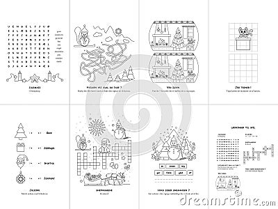 Set of seven games. Christmas Theme. Game and coloring page for kids. Danish language. Set No. 1. Vector Illustration