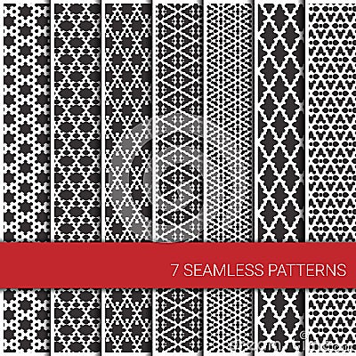 Set of seven geometric patterns. Grey and white Vector Illustration