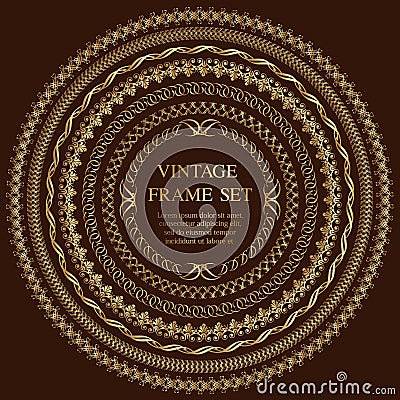 Set Of Seven Gold Round Vintage Frames Isolated On A Dark Background. Vector Illustration