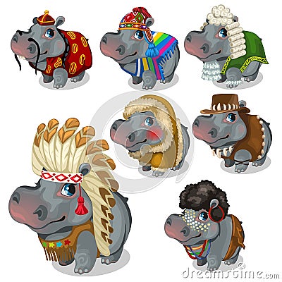 Set of seven hippos in different national costumes Vector Illustration