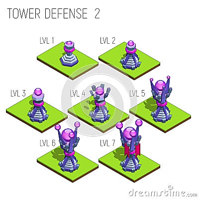 Set of seven isometric medieval magic tower defense for game isolated on white background. Vector Illustration