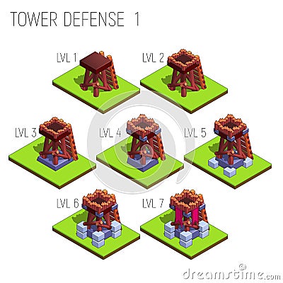 Set of seven isometric medieval tower defense for game isolated on white background. Vector Illustration