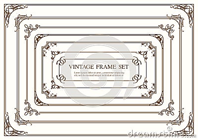 Set Of Seven Rectangular Vintage Frames Isolated On A Plain Background. Vector Illustration