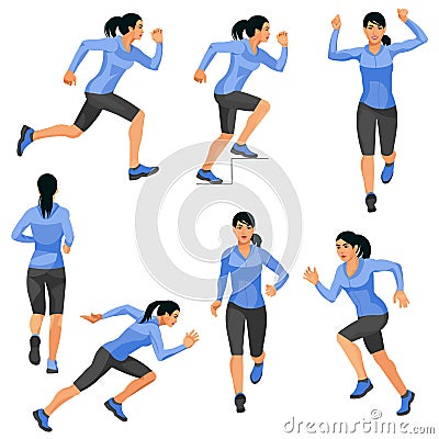 Set of seven vector isolated figures of an asian runningg girl in warm sports clothes Vector Illustration