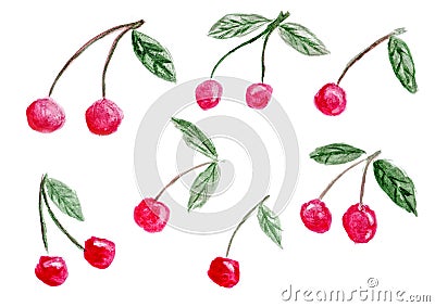 Set of seven watercolor illustrations of ripe cherry fruits isolated on a white background. Cute cartoon clipart, design element Cartoon Illustration