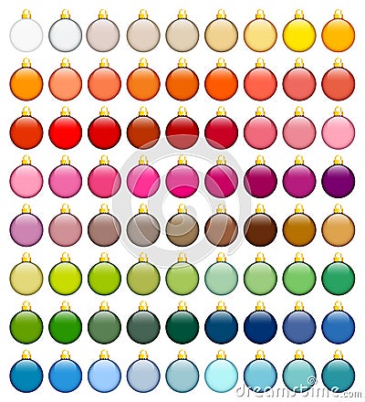 Set Seventy-Two Colorful Monochrome Christmas Baubles Gold Vector Illustration