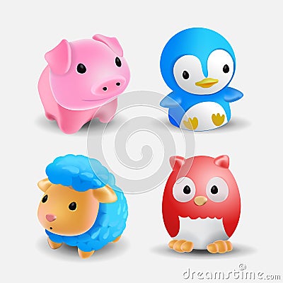 Set of several cute bath animal toys . Toy for the bathroom. A collection of a cute lamb, minipig, owl and penguin Vector Illustration