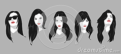 set of several portraits of beautiful and attractive women's faces with different hairstyles, looks. vector graphic. Vector Illustration