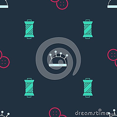 Set Sewing button, Needle bed and needles and thread spool on seamless pattern. Vector Vector Illustration