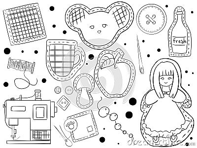 The set with sewing patches, black and white illustration with doll, sewing machine, patches, buttons Cartoon Illustration