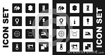 Set Sewing thread on spool, Awl tool, Leather, Electric iron, Mannequin, and button icon. Vector Vector Illustration