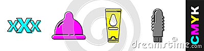 Set Sex shop, Condom, Personal lubricant and Dildo vibrator icon. Vector Vector Illustration