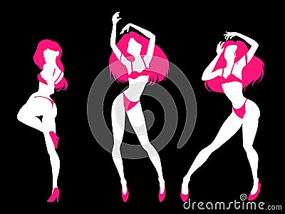 Set of sexy women silhouettes in underwear, club burlesque performer, dancer, stripper, go-go girl, vector illustration Vector Illustration