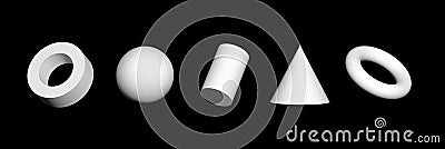 Set of shapes. 3d render white geometric shapes isolated on black background. Realistic primitives. Geometry elements Stock Photo