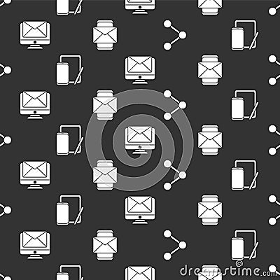 Set Share, Phone and graphic tablet, Monitor and envelope and Mobile and envelope on seamless pattern. Vector Vector Illustration