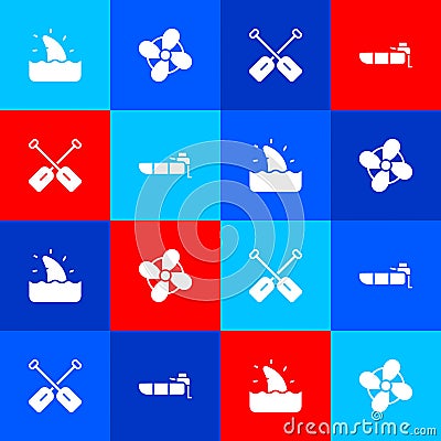 Set Shark fin in ocean wave, Boat propeller, Paddle and Inflatable boat with motor icon. Vector Vector Illustration