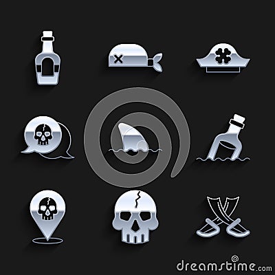 Set Shark fin in ocean wave, Skull, Crossed pirate swords, Bottle with message water, Location, Pirate hat and Alcohol Vector Illustration