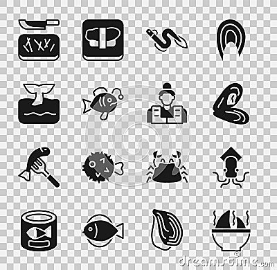 Set Shark fin soup, Octopus, Mussel, Eel fish, Tropical, Whale tail ocean wave, Cutting board and knife and Fisherman Vector Illustration