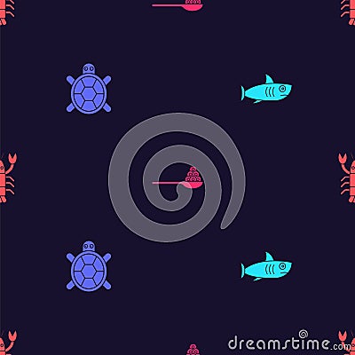 Set Shark, Turtle, Caviar on spoon and Lobster on seamless pattern. Vector Vector Illustration