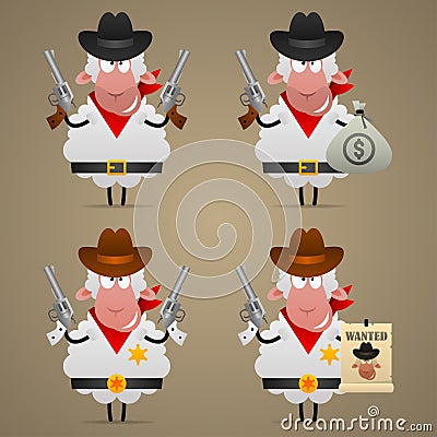 Set sheep cowboy in different poses Vector Illustration