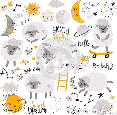 Set with sheeps, moons, comrts, stars, planets. Vector hand drawn illustration Vector Illustration