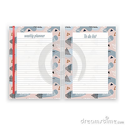 Set of sheet of paper in a4 format with weekly planner and list for notes templates decorated. Printable pages for diary Vector Illustration