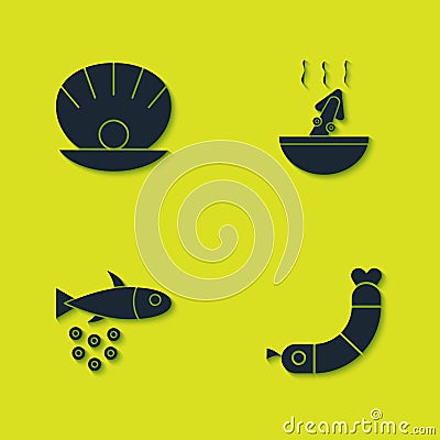 Set Shell with pearl, Shrimp, Fish caviar and Soup octopus icon. Vector Vector Illustration