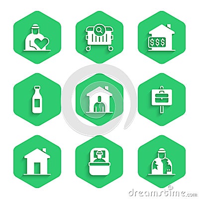 Set Shelter for homeless, Sleeping bag, Homeless, Work search, Real estate, Bottle of water, House with dollar and Vector Illustration
