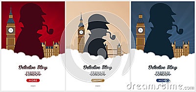 Set of Sherlock Holmes posters. Detective illustration. Illustration with Sherlock Holmes. Baker street 221B. London. Big Ban. Cartoon Illustration