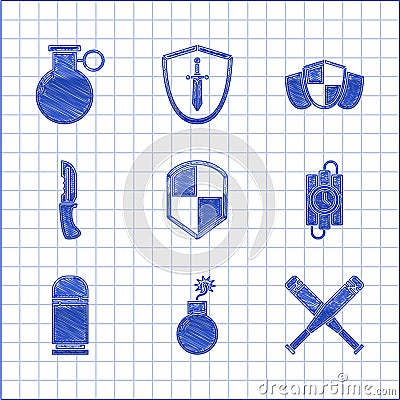 Set Shield, Bomb ready to explode, Crossed baseball bat, dynamite stick and timer clock, Cartridges, Military knife, and Stock Photo