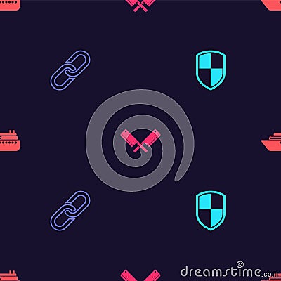 Set Shield, Chain link, Crossed meat chopper and Ship on seamless pattern. Vector Stock Photo