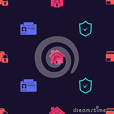 Set Shield with check mark, Identification badge, House under protection and Folder and lock on seamless pattern. Vector Vector Illustration